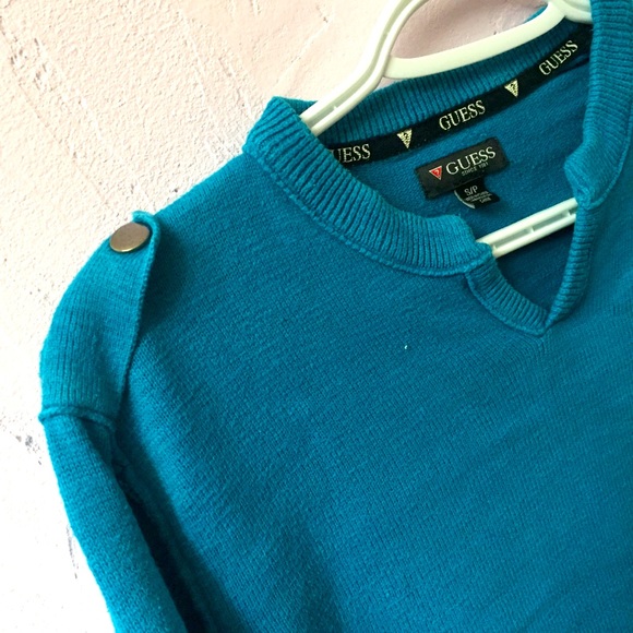 Guess Vintage Military Style V Neck Blue Sweater - Picture 3 of 8